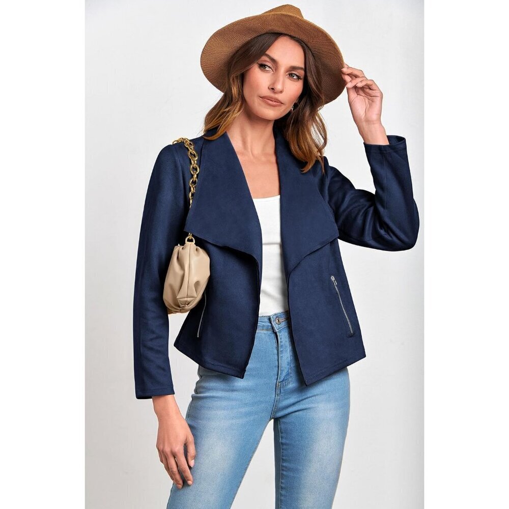 Women's Navy PRETTYGARDEN Faux Suede Jackets Fall Clothes Long Sleeve - Picture 8 of 9
